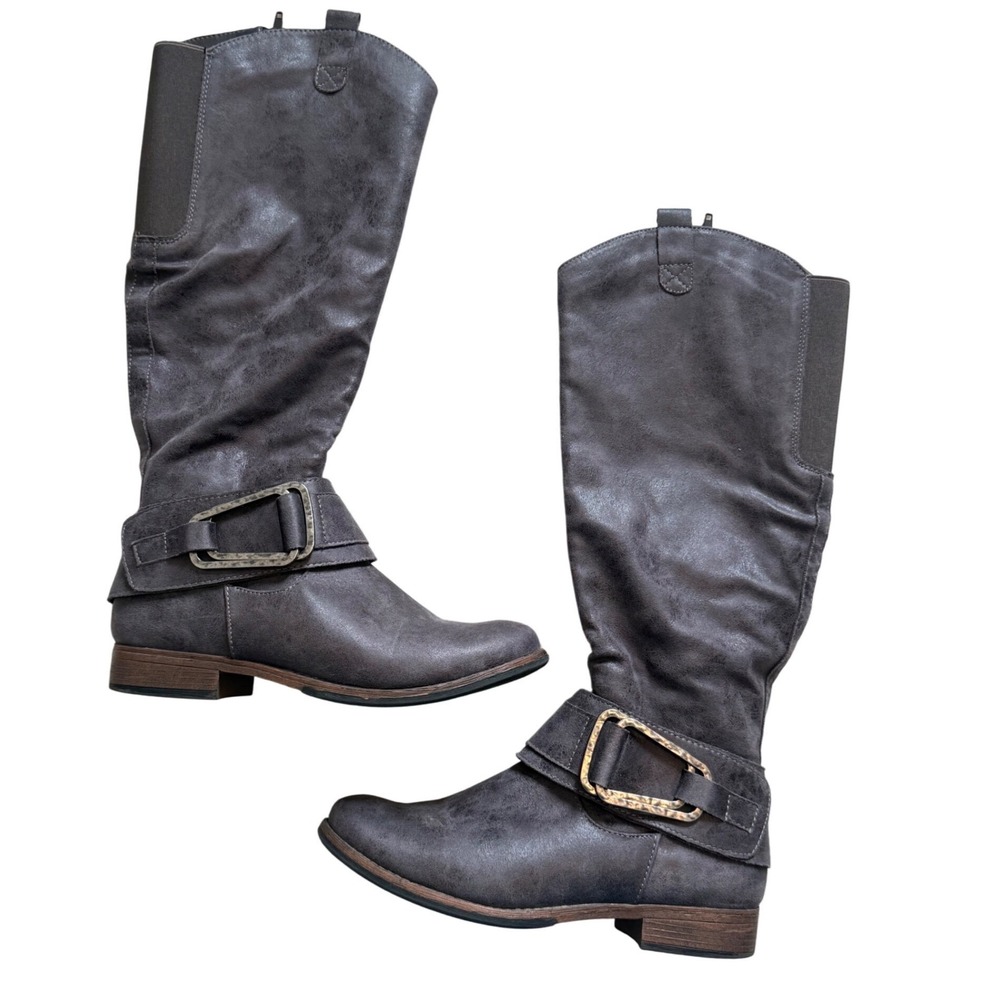 Madeline Gray Slouch Knee-High Boots w/ Buckle Sz 8.5 - Wide Calf-‎ Gently Worn